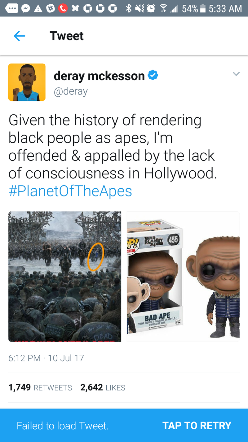 Illustration for article titled Did War for the Planet of the Apes Come for DeRay Mckesson or Did Hotep Twitter Go Too Far?
